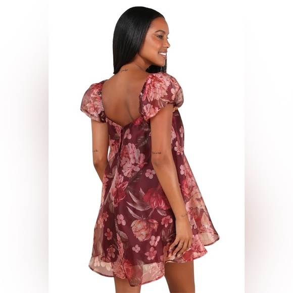 Lulus NWT Flair Wine Red Floral Organza Puff Sleeve Baby Doll Shift Mini Dress S - Picture 3 of 11
